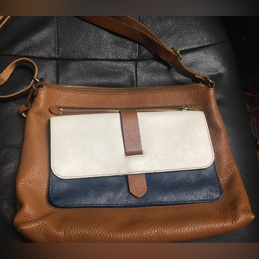 Fossil Tri-tone Leather Handbag-camel, navy and white